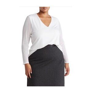 Tahari Womens Plus White V Neck Long Sheer Illusion Sleeve Blouse Sz 2X New